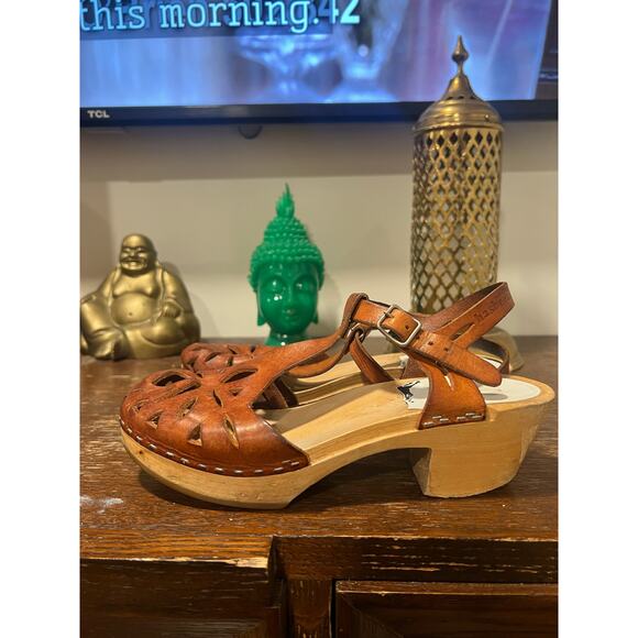 Swedish Hasbeens Lacey Clog Sandals Tan Brown 7 Boho Cottagecore - Picture 5 of 10
